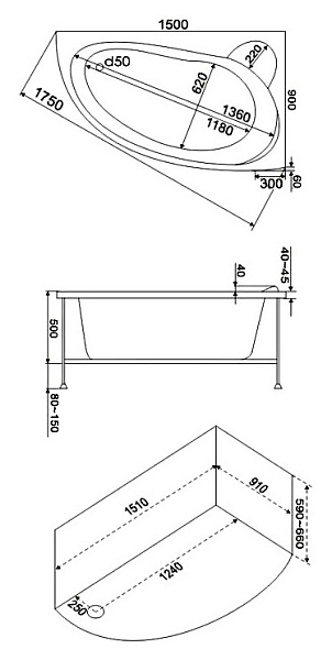 Акриловая ванна Bas Вектра В 00008 150х90 R , изображение 5