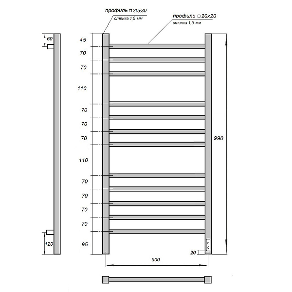 Полотенцесушитель электрический Point Вега П12 50x100 , изображение 3