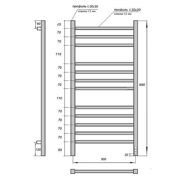 Полотенцесушитель электрический Point Вега П12 50x100 белый , изображение 3