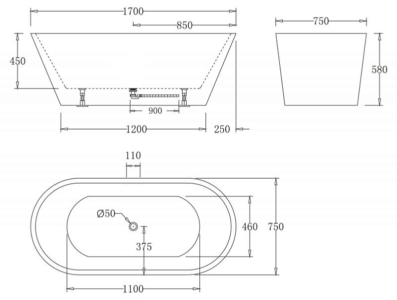 Акриловая ванна BelBagno BB61-1700-W0 170х75 , изображение 3