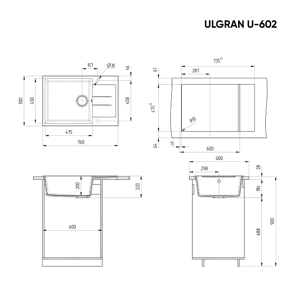 Мойка кухонная Ulgran U-602-343 антрацит , изображение 2